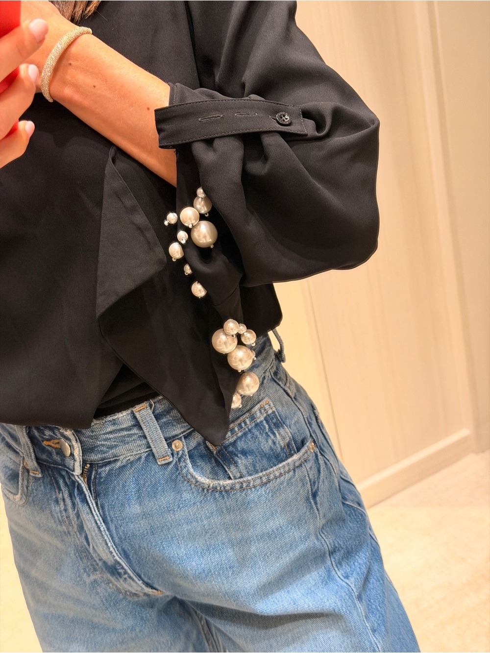 Oscar de la Renta Black Pearl-Embellished Sleeve Blouse - Picture 4 of 7